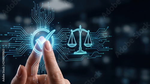 AI compliance and governance technology concept with digital checkmark and legal scale symbol representing AI ethics and legal standards in technology development