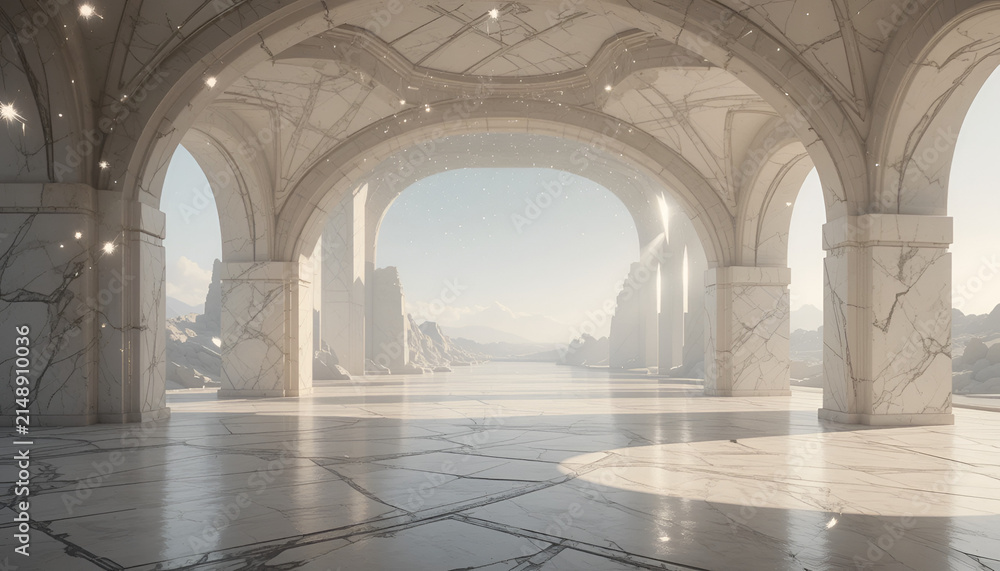Fototapeta premium Grand Marble Hallway with Arched Architecture and Natural Light