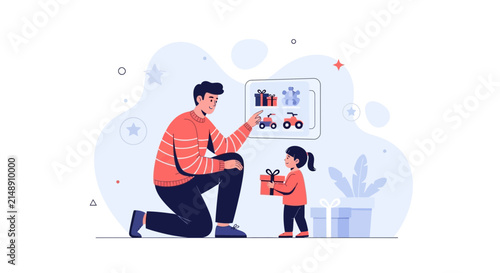 Father and Daughter Choosing Gifts from a Catalog or Digital Display