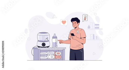 Father Monitors Baby Care with Smart Devices and Sterilized Bottles