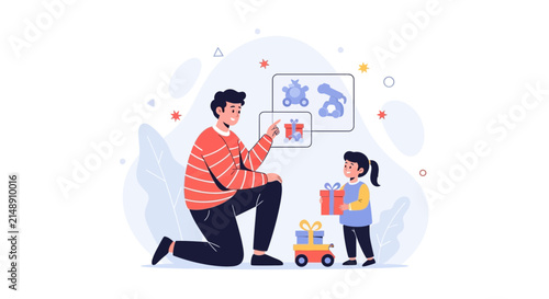 Father Choosing a Toy Gift for His Daughter, Vector Illustration