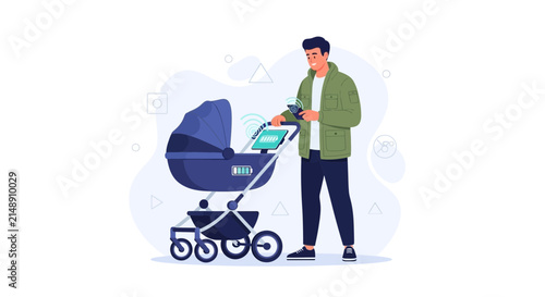 Father Uses Smart Baby Stroller with Digital Interface and Mobile App Control