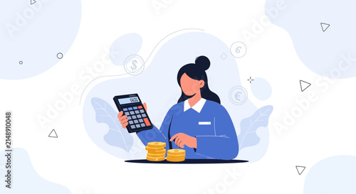Financial Professional Calculating Savings with Calculator and Stacked Coins