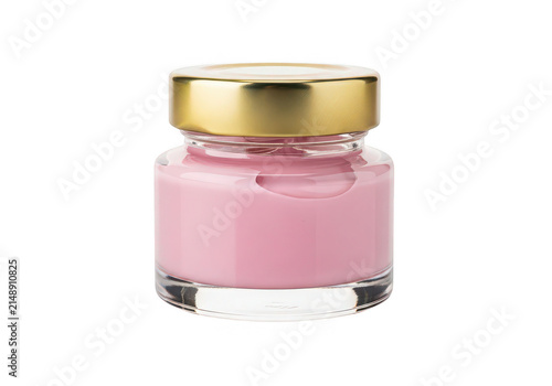 Glass jar with pink cream and gold lid on transparent background