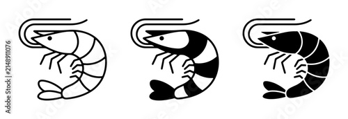 Shrimp Icons Set, Seafood Vector Graphics, Crustacean Illustrations, Black and White Shrimp Symbols for Culinary and Marine Themes