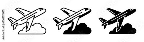 Airplane Icons Set, Aviation Travel Graphics, Jet Aircraft Cloud Symbols, Vector Illustrations for Flight Concepts