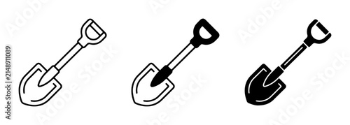 Shovel Icons Set: Simple Line Art, Silhouette, and Filled Vector Graphics for Gardening and Construction Projects