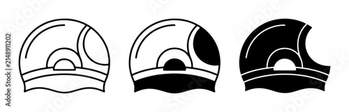 Swimming Caps Icons, Water Sport Headwear Vector Graphics, Pool Accessories Set, Black and White Line Art