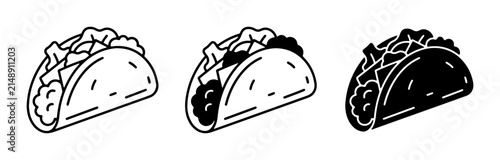 Taco Icons Set, Mexican Food Vector Graphics, Simple Line Art and Silhouette Styles for Menus and Food Branding
