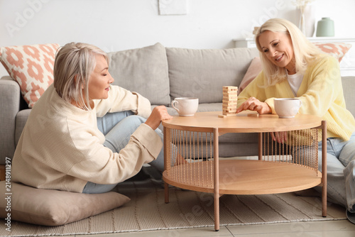 Mature female friends playing game at home