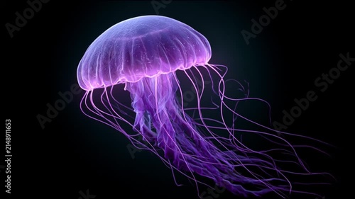 Glowing purple jellyfish swimming in deep dark ocean water marine life
