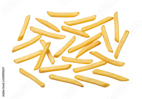 Pile of golden french fries with scattered arrangement on transparent background