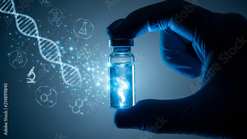 Scientist hand in blue glove holding glass vial with glowing substance, DNA helix and medical icons, biotechnology, genetic engineering and laboratory research background.