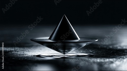 Minimalist metal spinning top totem balancing on dark reflective surface