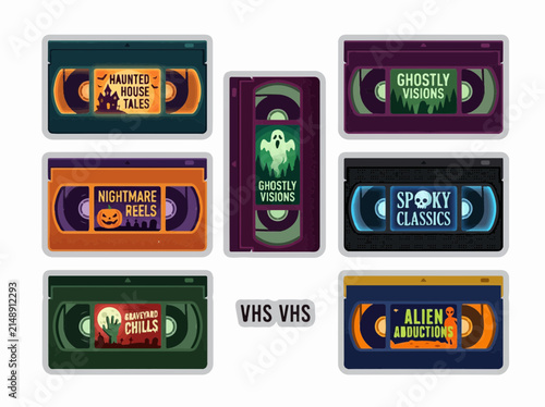 Retro horror VHS tape sticker set flat vector illustration featuring spooky ghosts and monsters for vintage movie night graphics