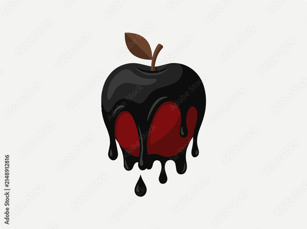 Fototapeta premium Red apple covered in dripping black liquid flat vector illustration for toxic food or environmental pollution concept isolated on white