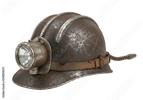 Rusty mining helmet with attached headlamp on transparent background miner lamp