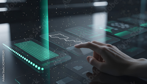 Futuristic Green Energy Management Control Panel with Interactive Glass Interface and Grid Analytics
