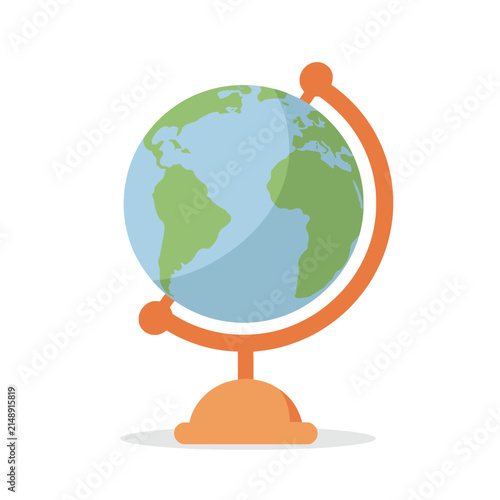 A colorful educational globe icon showing the planet earth map on a stand for school and geography learning isolated on transparent background, Vector