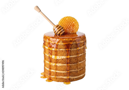 Honey cake with honeycomb and dipper on transparent background sweet dessert