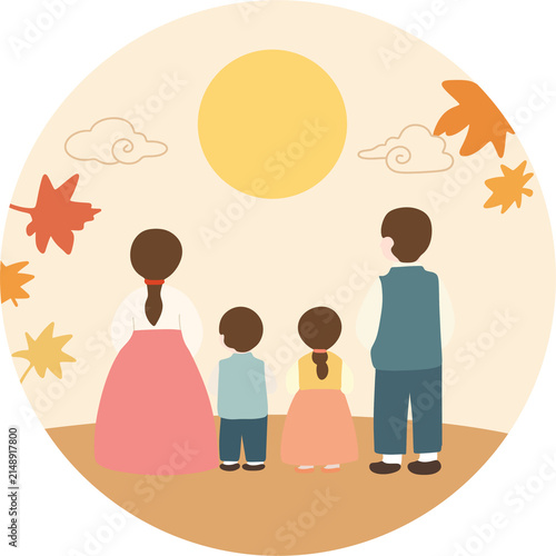 Moon Watching Family in Autumn Flat Vector Illustration