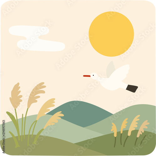 Autumn Landscape with Bird Flat Vector Illustration