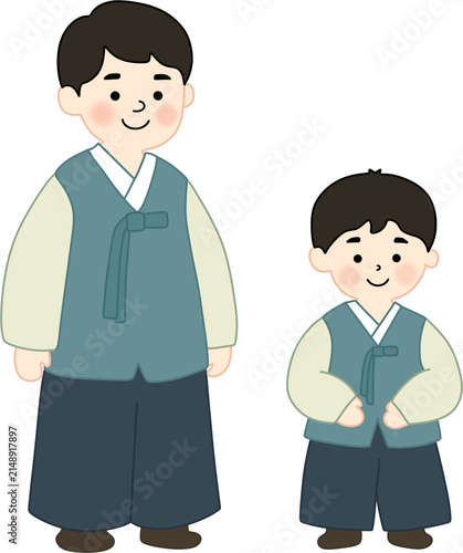 People Wearing Hanbok Flat Vector Illustration