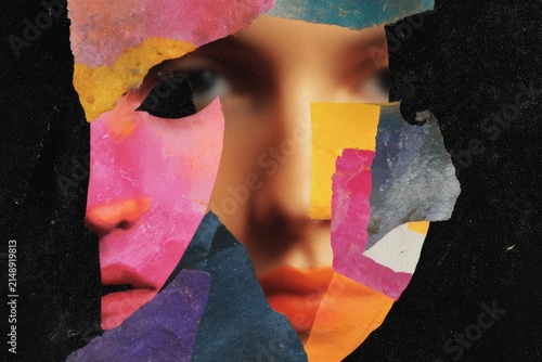 Bold torn paper portrait collage revealing layered face fragments on black background for poster and editorial design with vibrant color blocks