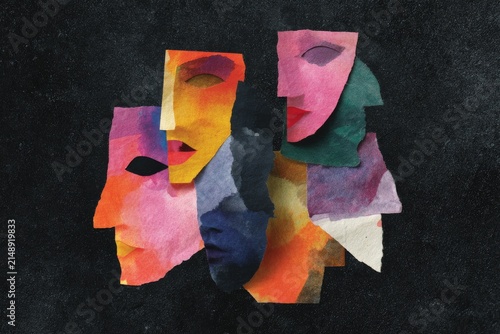 Bold abstract faces watercolor collage made from torn paper pieces on dark textured background for poster design