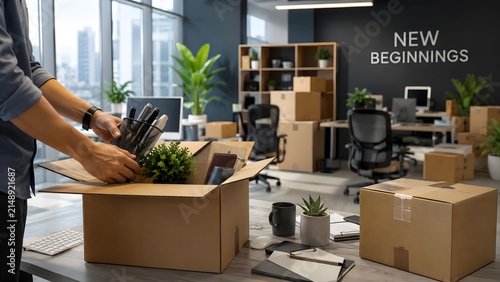 Employee packing cardboard box with office supplies during professional relocation inside a modern corporate workspace environment