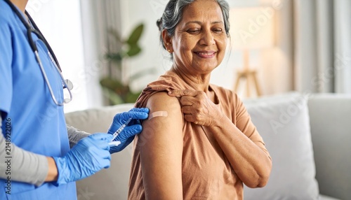 Smiling Senior Indian Woman Receiving Vaccine Injection from Nurse at Home