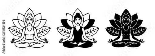 Meditating Woman Yoga Pose, Lotus Flower Icon Set, Zen Mindfulness, Spiritual Balance, Calmness, Serenity, Vector Graphics