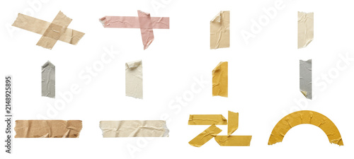 Assorted torn masking tape collection with realistic adhesive textures and neutral tones for scrapbook design.