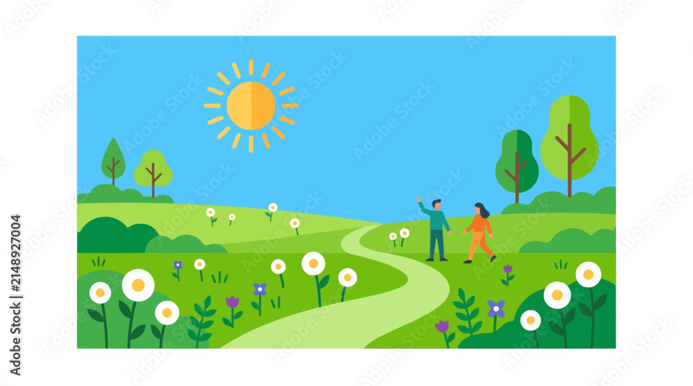 Fototapeta premium People walk along a winding path through a sunny spring meadow filled with blooming flowers.
