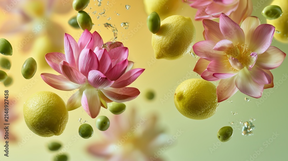 Fototapeta premium Flowers and lemons float together in colorful setting, showing beauty and nature