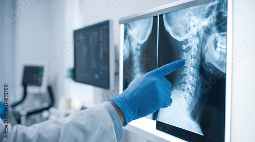 Medical professional wearing blue gloves examines orthopedic xray of cervical spine in radiology room with digital monitors and medical equipment in background