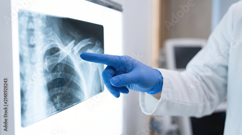 Orthopedic xray shows radiology expert pointing at shoulder bone fracture with gloved hand in medical clinic environment for diagnosis and treatment