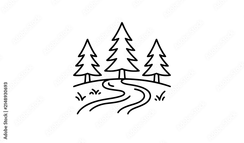 Obraz premium Minimalist Pine Trees on Riverbank Line Icon Vector Illustration Forest Landscape Outline Symbol