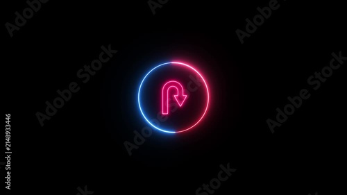 Neon hairpin Curve Right Sign Icon animation on black background.