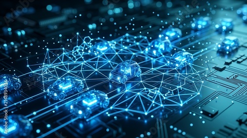 Autonomous connected vehicles moving across digital circuit board surface with glowing network nodes