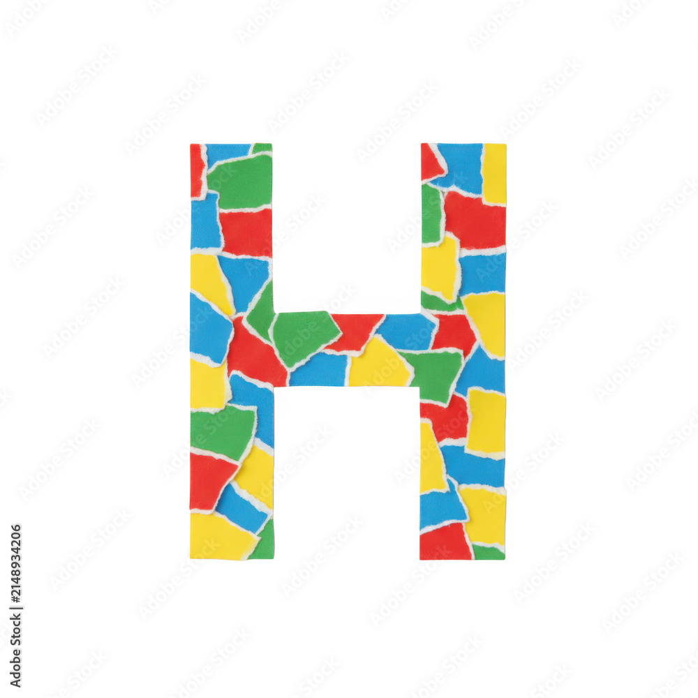 Fototapeta premium Letter h shaped mosaic design with colorful red blue yellow and green geometric tile pieces