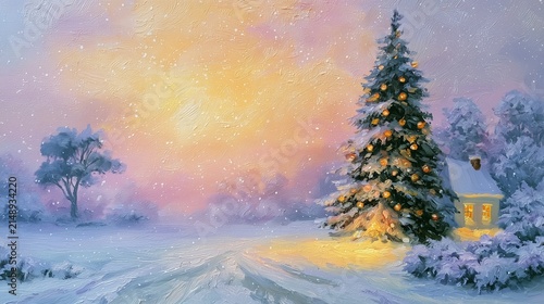 Snowy winter scene with a decorated tree and a cozy house at sunset