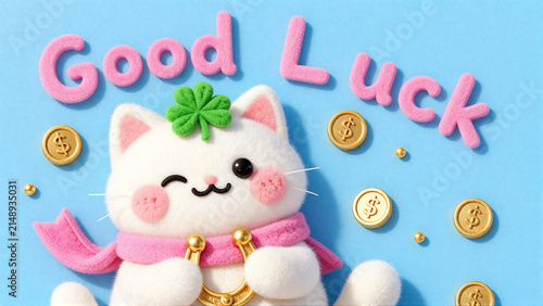 Cute felt lucky cat with clover horseshoe and gold coins wishing good luck on blue