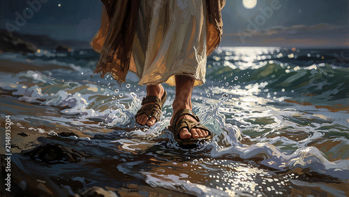 Jesus walking on water close up of feet walking on sea or ocean