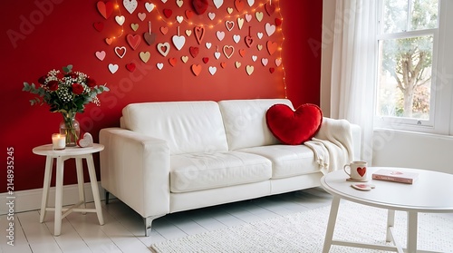 Romantic living room interior with red heart themed feature wall white sofa and bouquet of fresh red roses on circular table.