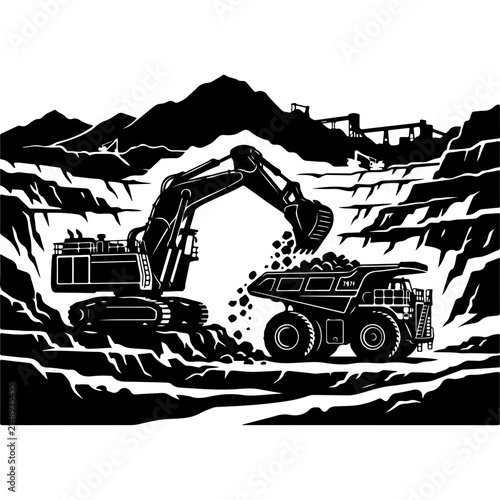Heavy mining excavator loading dump truck vector, industrial open pit mine silhouette, construction machinery in quarry landscape