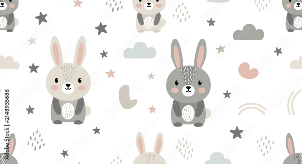 Fototapeta premium Cute Bunny Pattern Seamless, Kawaii Animals, Stars, Clouds, Baby Background