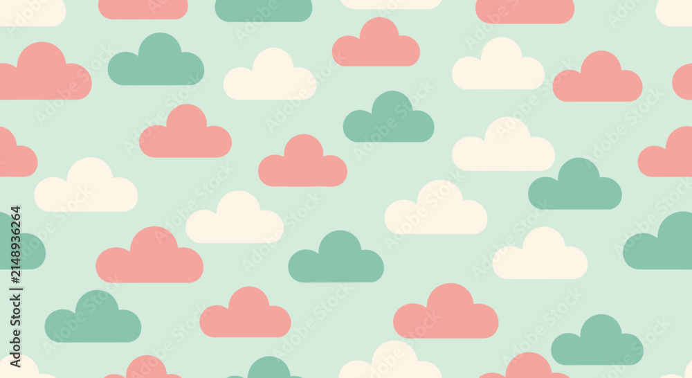 Fototapeta premium Seamless Pattern Cute Clouds Pastel Colors Isolated