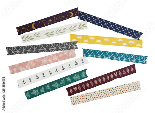 Set of colorful decorative washi tape strips with various patterns and designs