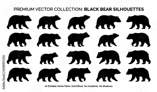 Quadro su tela Black Bear Silhouette Vector Collection with Walking Wildlife Animal Shapes in D